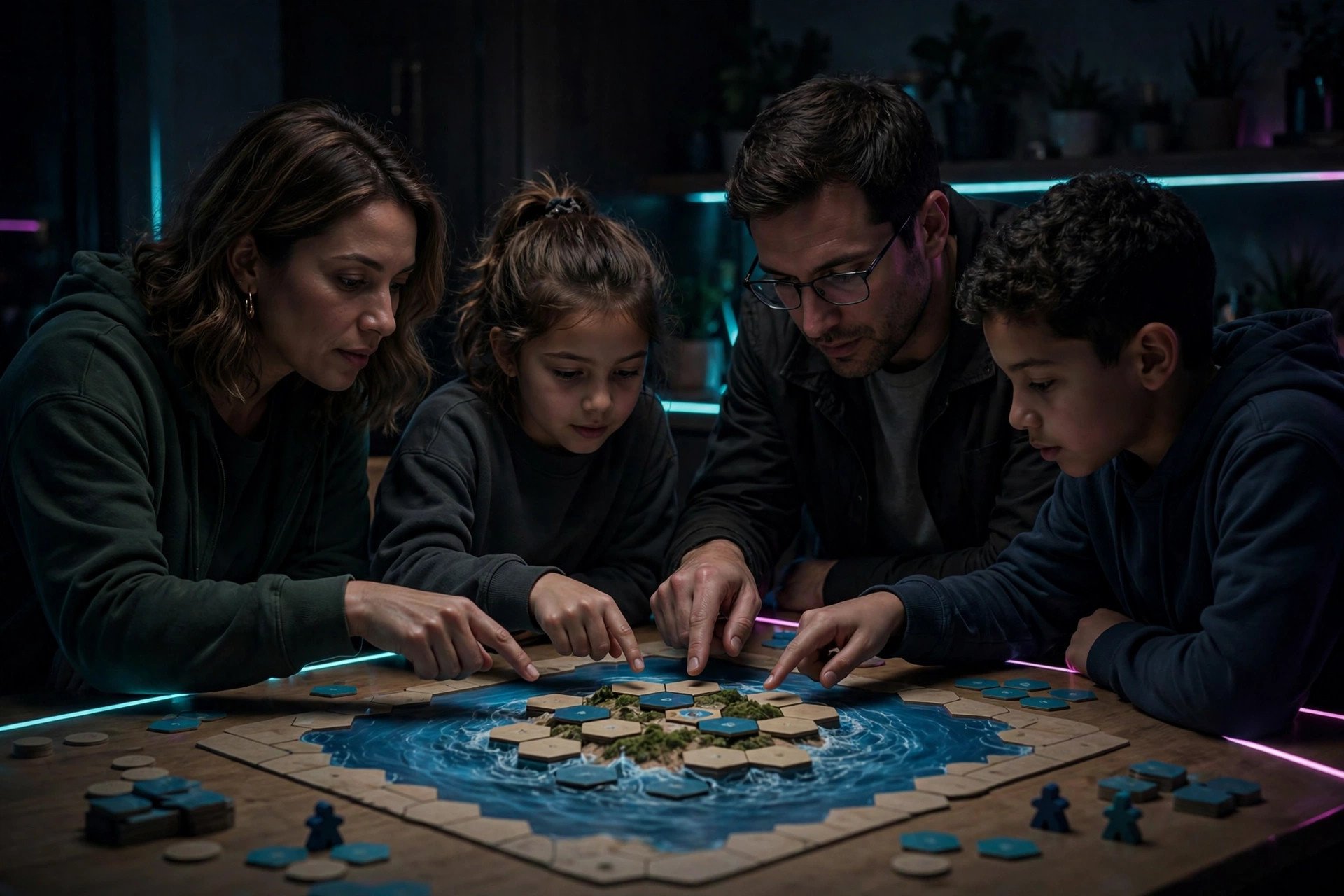 Family pointing together at island tiles surrounded by blue water on a board game