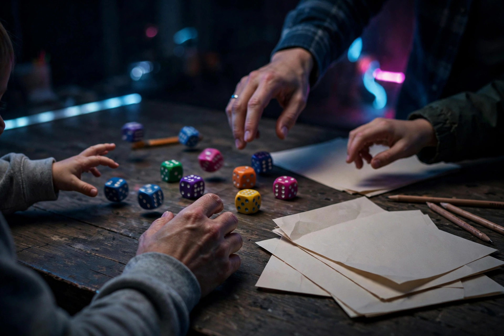Colorful dice scattered on a wooden table with blank score sheets, pencils, and hands reaching in