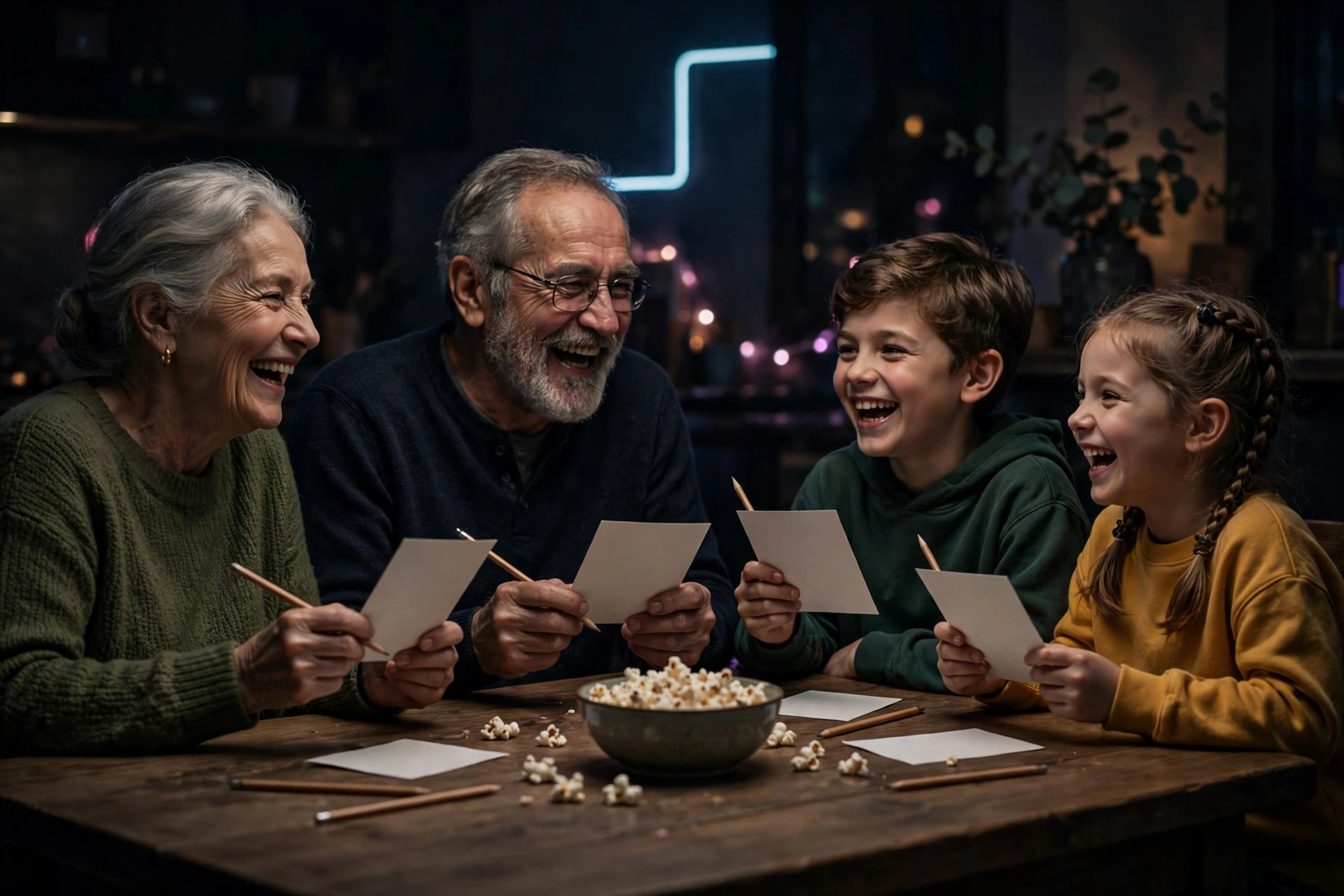 Grandparents and two kids laughing while holding blank answer cards and pencils at a table