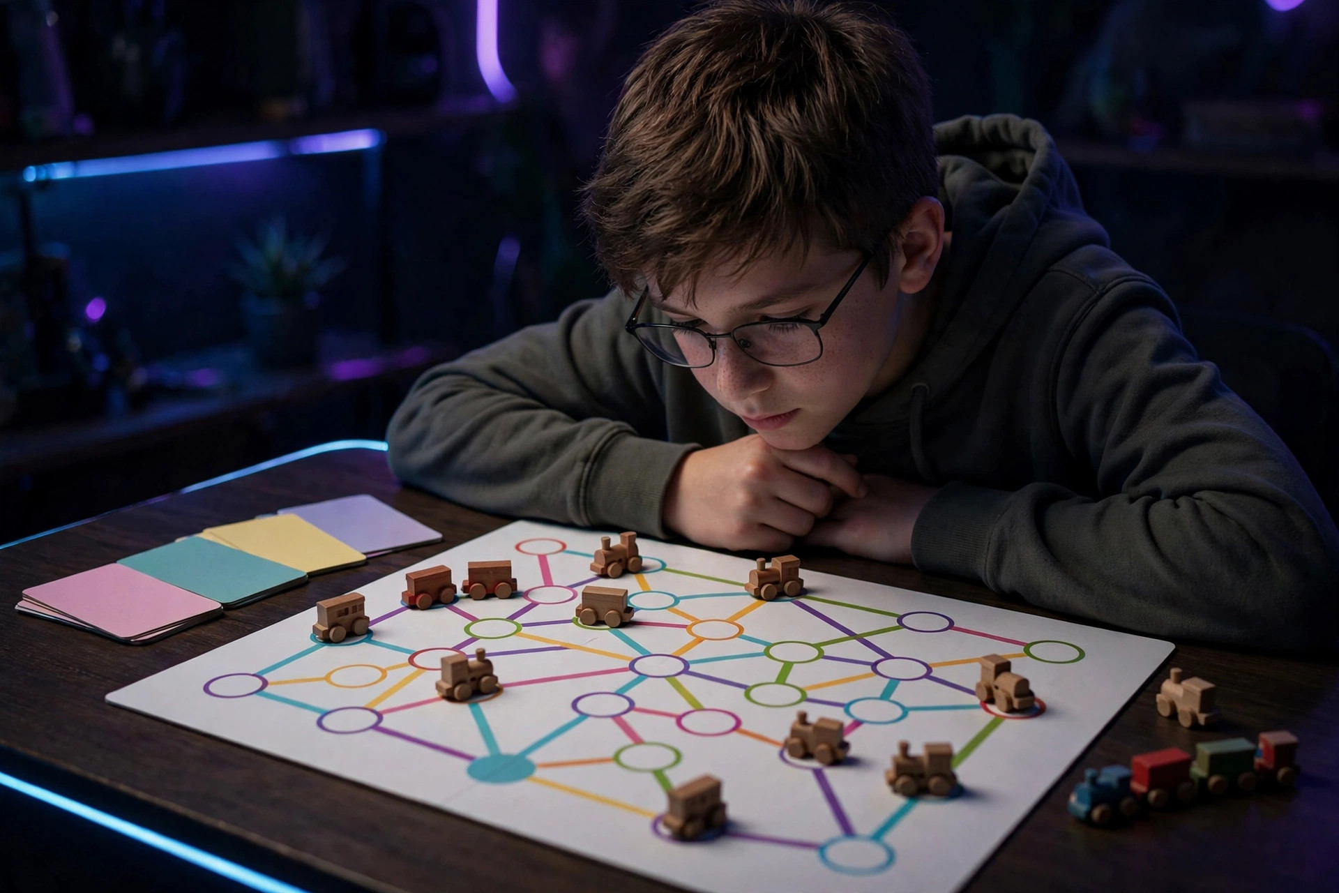 Tween leaning over a route board game with colored lines, circles, and small wooden train pieces