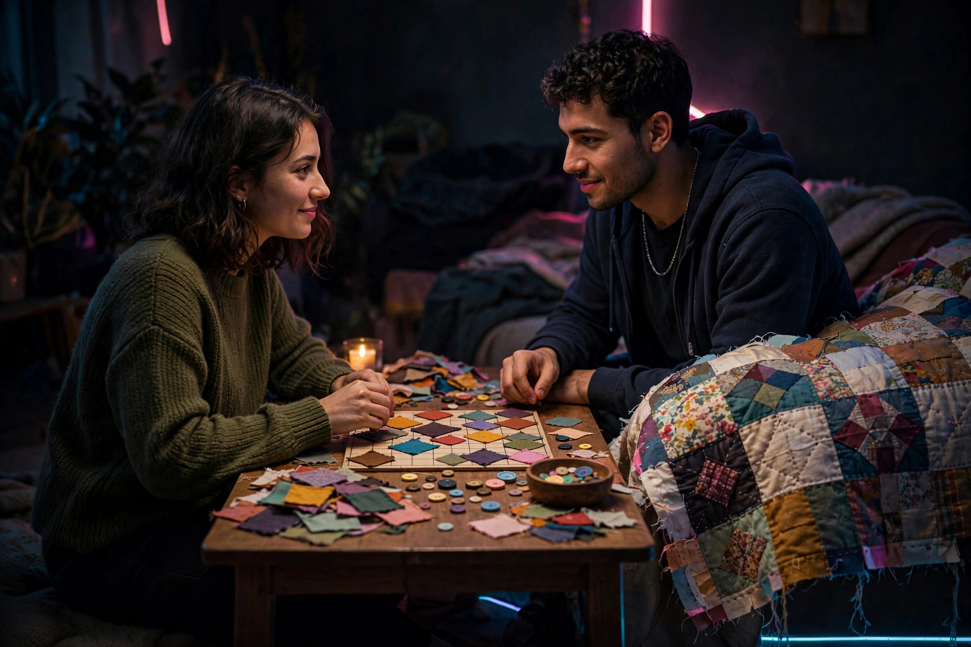Two players across a small table with fabric patch pieces, buttons and a patchwork quilt