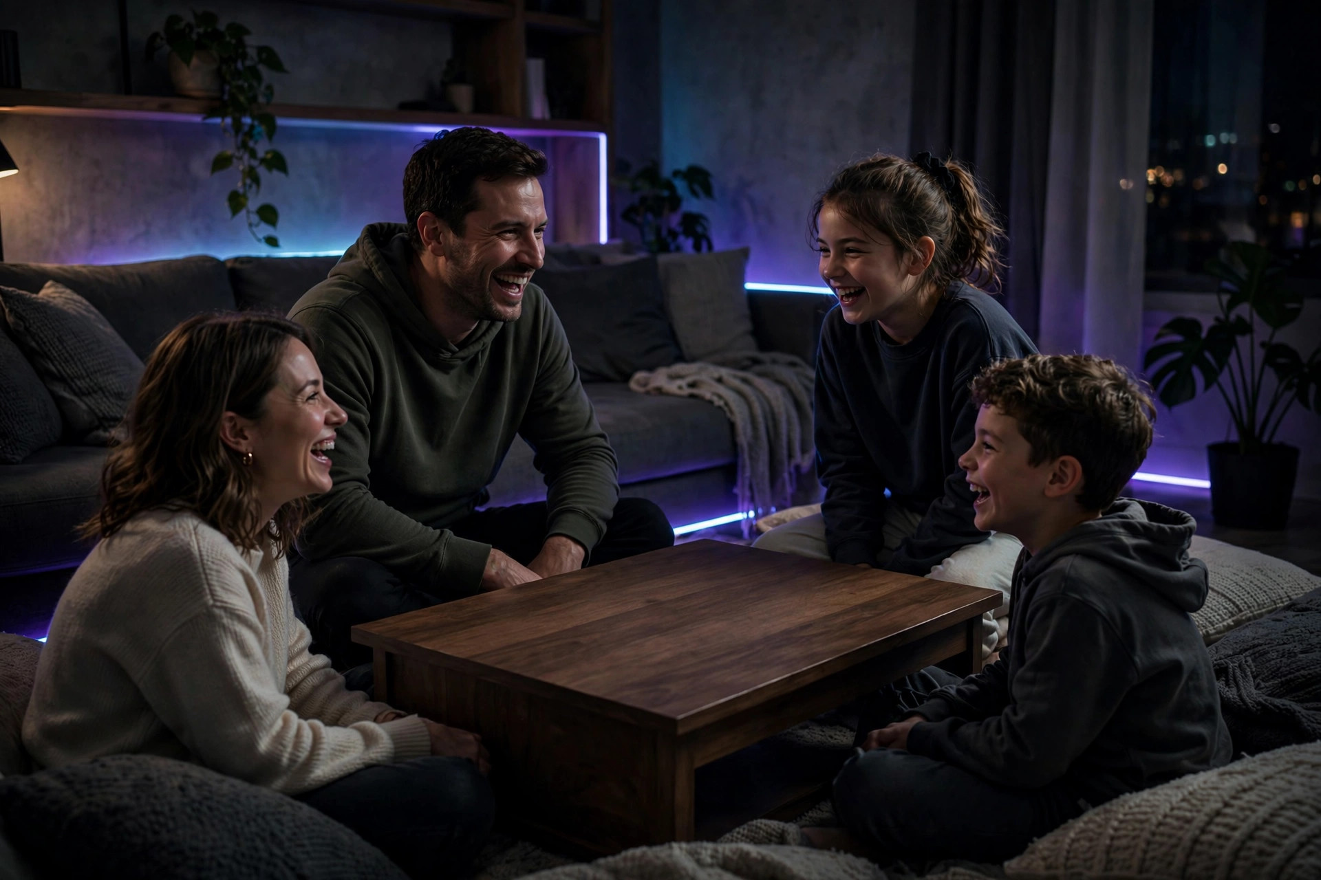Family of four laughing together around an empty wooden coffee table in a living room